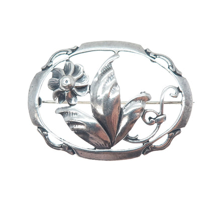 925 Sterling Silver Antique Art Deco Flower Oxidized Pin Brooch