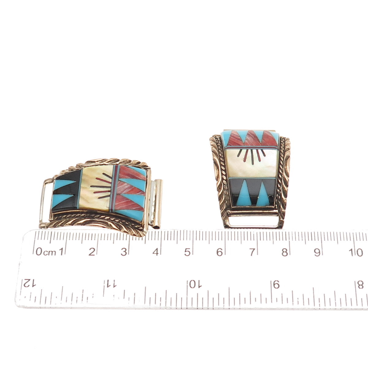 Carol Wylie Navajo Old Pawn Sterling 2-Tone Turquoise Coral Onyx MOP Watch Band