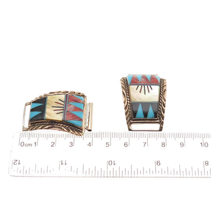 Carol Wylie Navajo Old Pawn Sterling 2-Tone Turquoise Coral Onyx MOP Watch Band