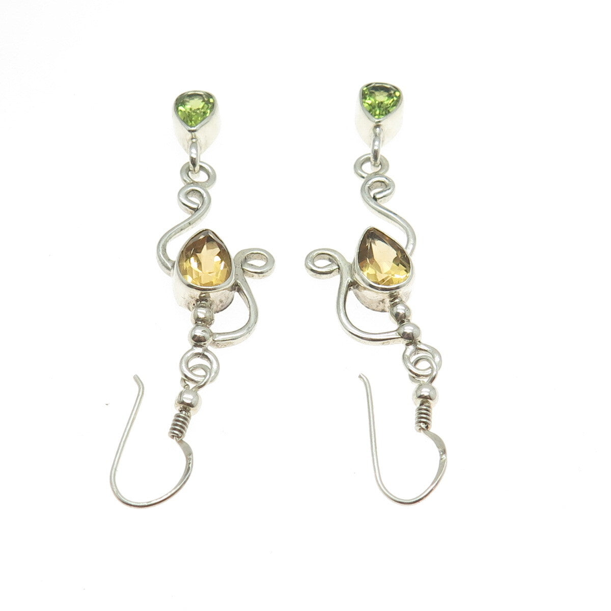 SAJEN 925 Sterling Silver Vintage Citrine & Peridot Gem Ornate Dangle Earrings