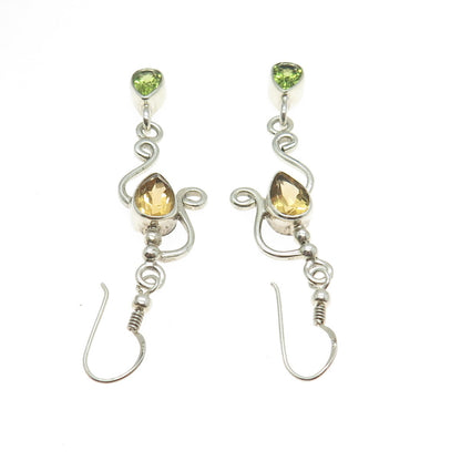 SAJEN 925 Sterling Silver Vintage Citrine & Peridot Gem Ornate Dangle Earrings