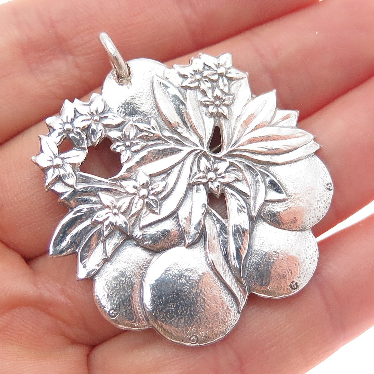 925 Sterling Silver Vintage Pear & Flower Oxidized Pin Brooch / Pendant