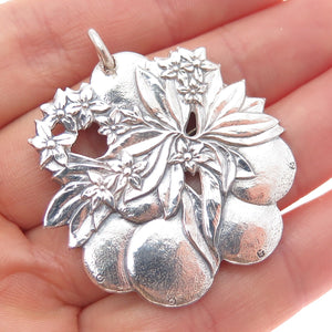 925 Sterling Silver Vintage Pear & Flower Oxidized Pin Brooch / Pendant