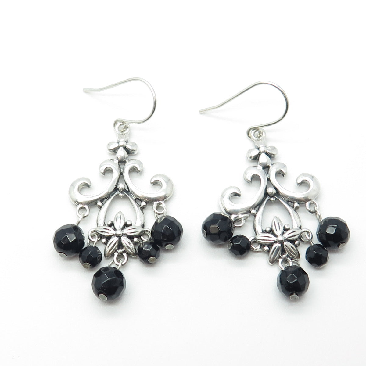 925 Sterling Silver Vintage Real Black Onyx Gemstone Ornate Dangling Earrings