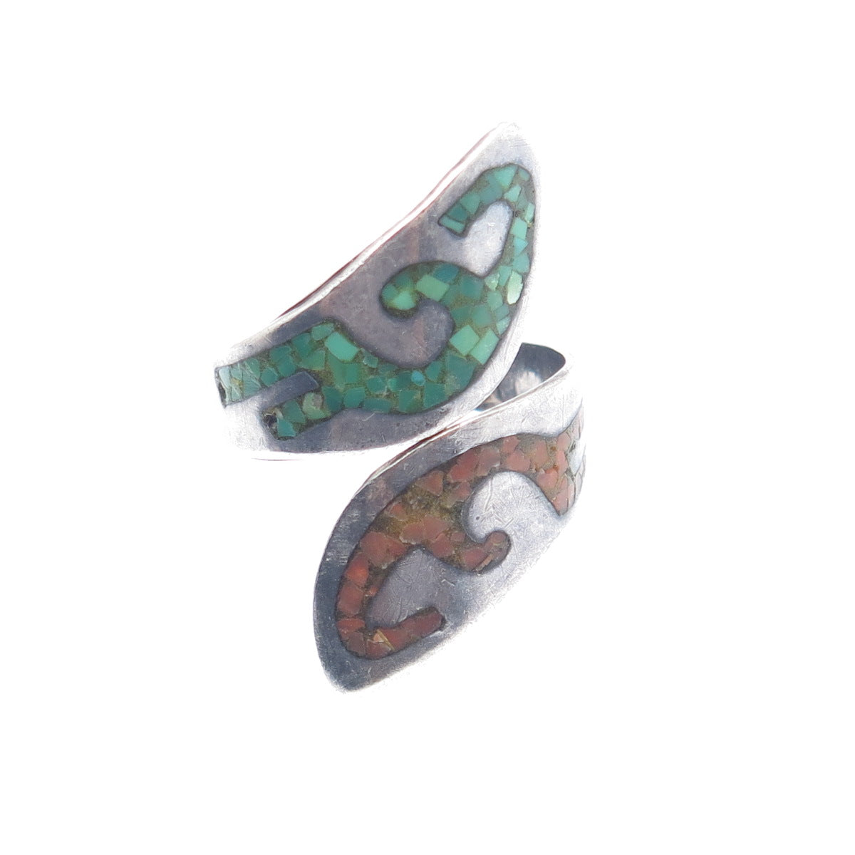 NELSON PIASO Old Pawn Sterling Turquoise & Coral Inlay Adjustable Ring Size 7