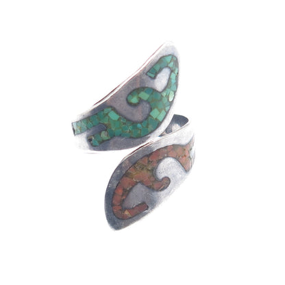 NELSON PIASO Old Pawn Sterling Turquoise & Coral Inlay Adjustable Ring Size 7