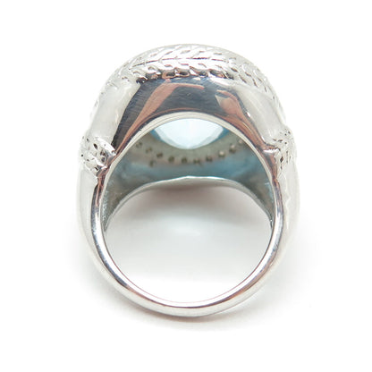 925 Sterling Silver Real Round-Cut White & Oval-Cut Blue Topaz Ring Size 7