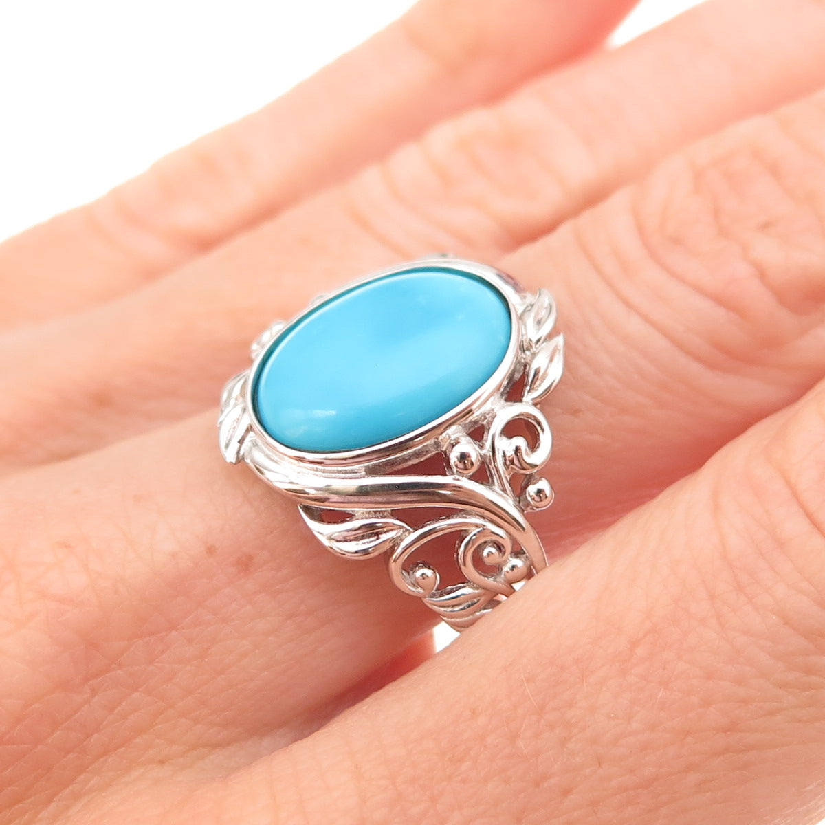 925 Sterling Silver Real Sleeping Beauty Turquoise Floral Ring Size 8.25