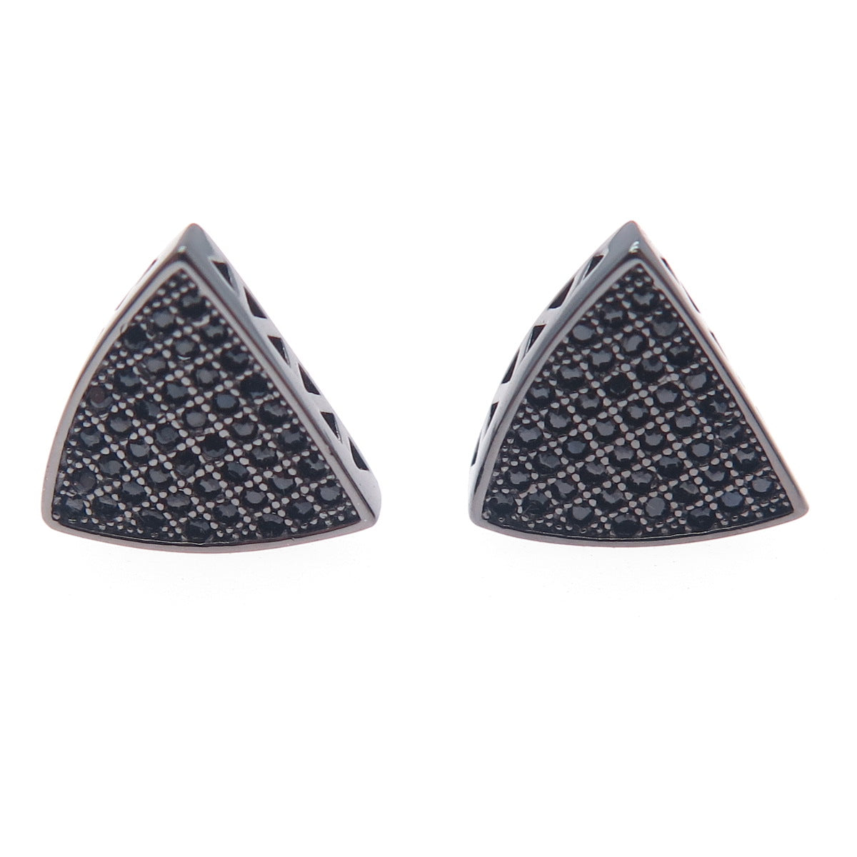 925 Sterling Silver Black Rhodium Round-Cut C Z Triangle Stud Earrings
