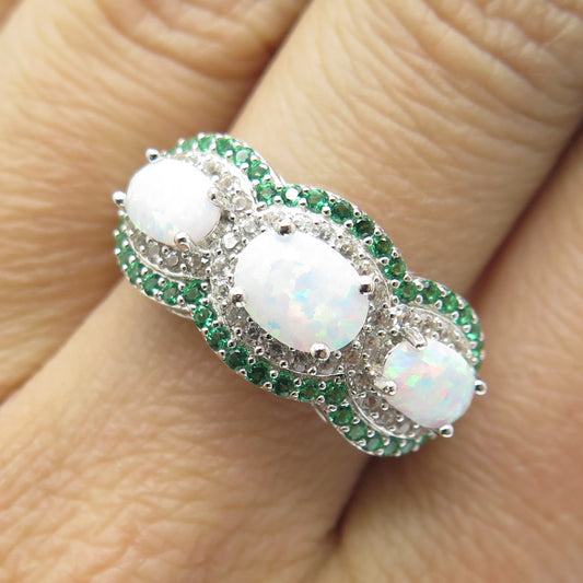 DSMK 925 Sterling Silver Real Opal White Topaz & Chrome Diopside Ring Size 7.25