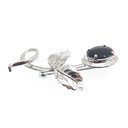 AMCO 925 Sterling Silver Antique Real Black Onyx Flower Letter "L" Pin Brooch