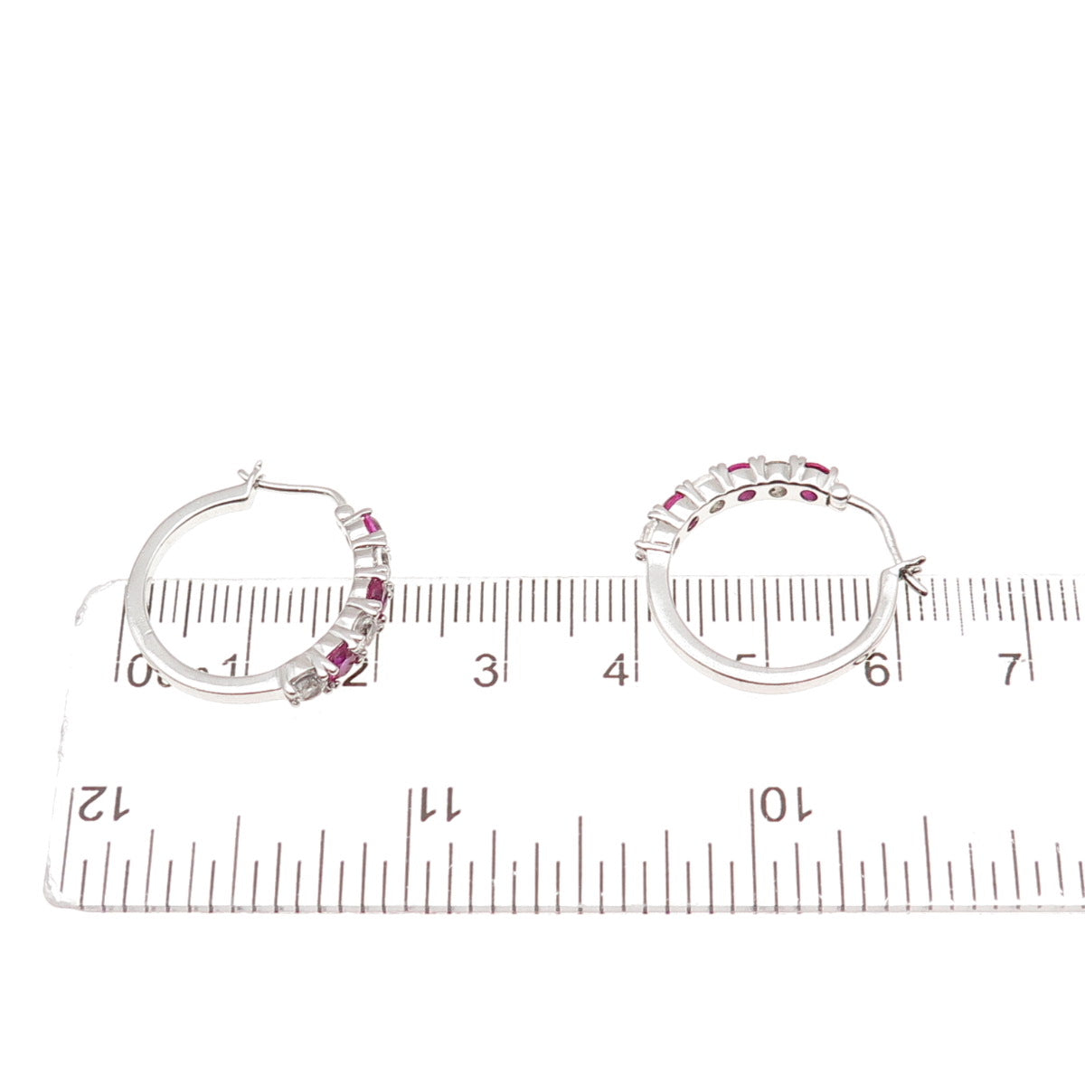925 Sterling Silver Real Round-Cut White Topaz & Lab-Created Ruby Hoop Earrings