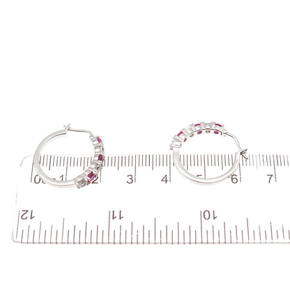 925 Sterling Silver Real Round-Cut White Topaz & Lab-Created Ruby Hoop Earrings