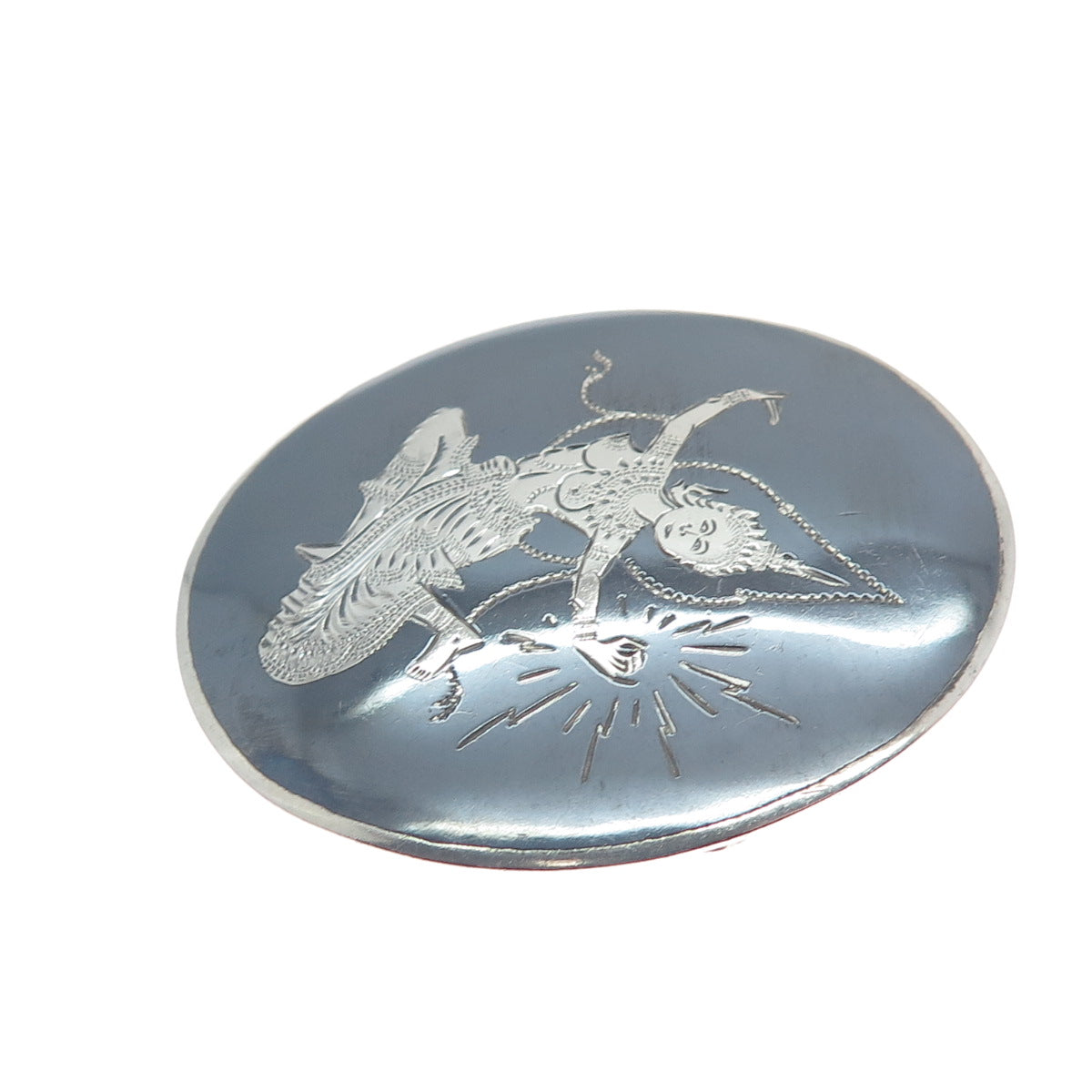 925 Sterling Silver Antique Siam Niello Hindu Goddess Pin Brooch