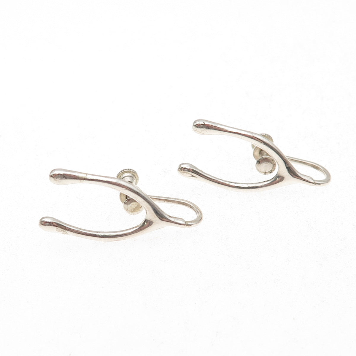 925 Sterling Silver Vintage Wishbone Good Luck Oxidized Screw Back Earrings