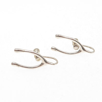 925 Sterling Silver Vintage Wishbone Good Luck Oxidized Screw Back Earrings