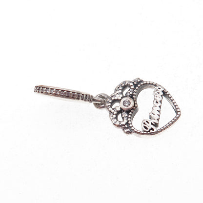 Pandora 925 Sterling Silver Round-Cut C Z Princess Crown Heart Dangle Charm
