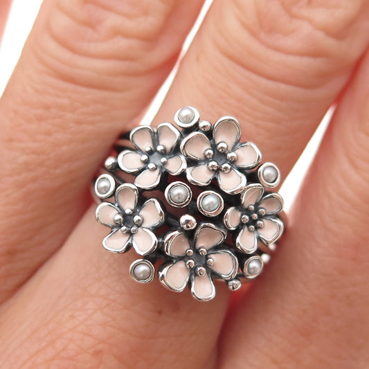 Pandora Sterling Silver Enamel Real Pearl Cherry Blossom Bouquet Ring Size 7.75