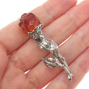 925 Sterling Silver Vintage Real Amber Carved Rose Flower Oxidized Pin Brooch