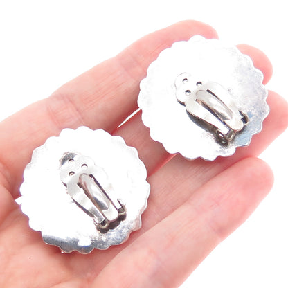 925 Sterling 2-Tone Vintage Mexico Black Onyx Beaded Oxidized Clip On Earrings