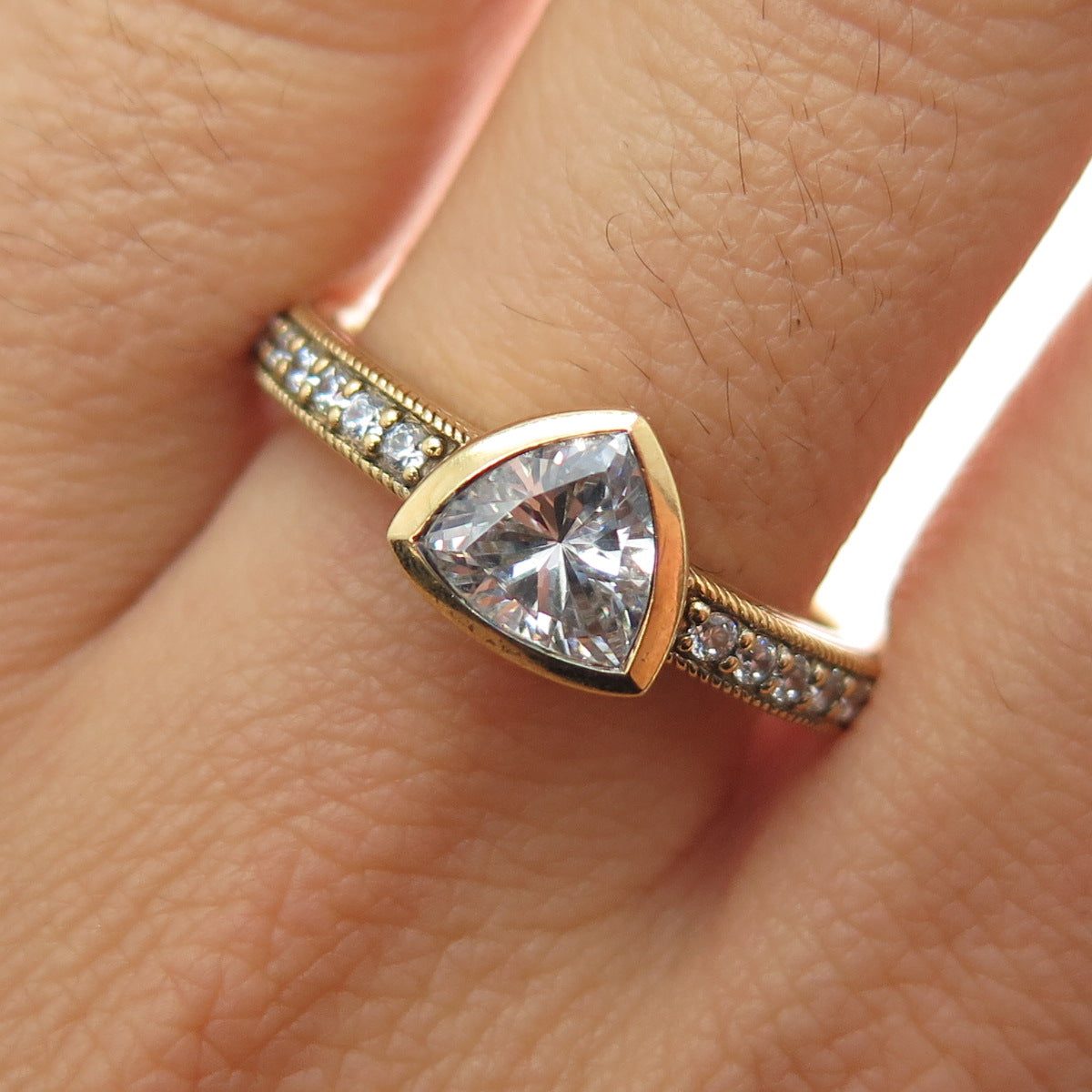 JUDITH RIPKA Sterling Silver Gold Plated Triangle & Round-Cut C Z Ring Size 10