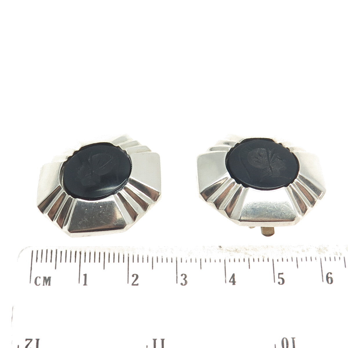 CHAPAL ZENRAY Sterling Silver Vintage Black Onyx Roman Soldier Clip On Earrings