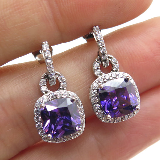 925 Sterling Silver Cushion & Round-Cut Purple White C Z Dangle Earrings