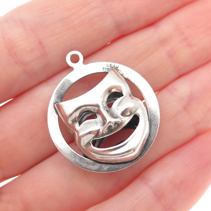 Beau 925 Sterling Antique Art Deco Comedy Tragedy Mask Dual Sided Charm Pendant