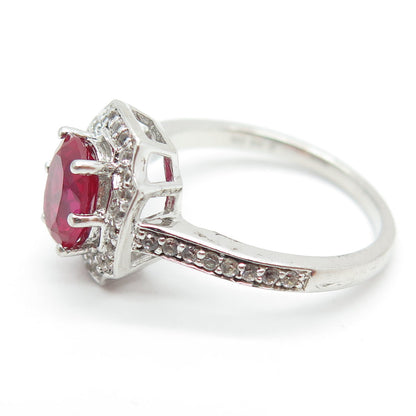 SAI 925 Sterling Silver Real White Topaz Gem & Lab-Created Ruby Ring Size 7.25