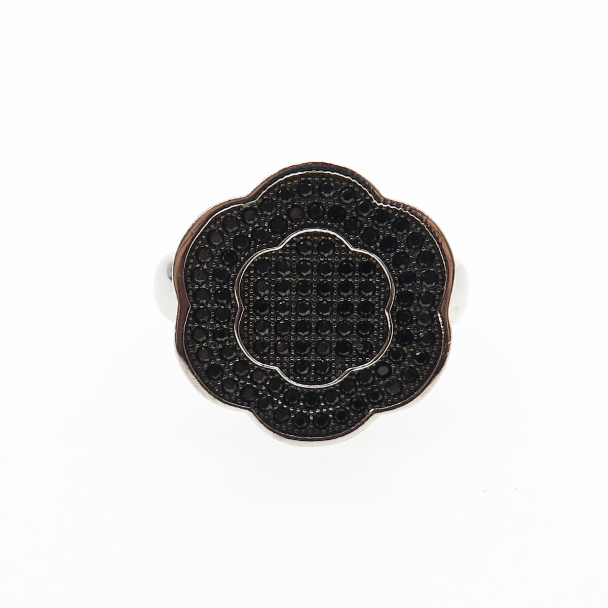 925 Sterling Silver Round-Cut Black C Z Flower Ring Size 7