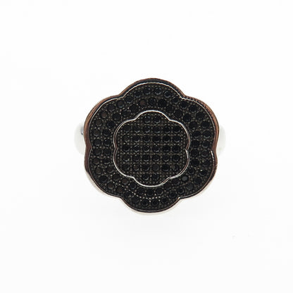 925 Sterling Silver Round-Cut Black C Z Flower Ring Size 7