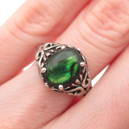 KABANA 925 Sterling Silver Vintage Real Abalone Shell Heart Ornate Ring Size 6