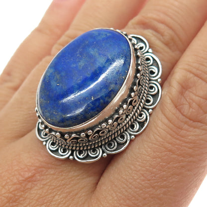 925 Sterling Silver Vintage Real Cabochon Lapis Lazuli Swirl Ring Size 7.75