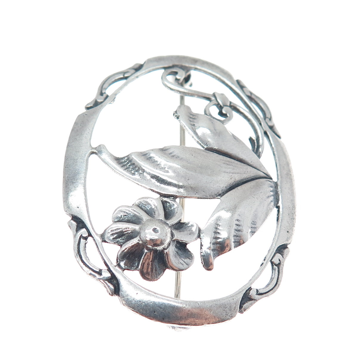 925 Sterling Silver Antique Art Deco Flower Oxidized Pin Brooch