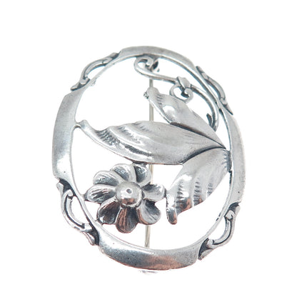 925 Sterling Silver Antique Art Deco Flower Oxidized Pin Brooch