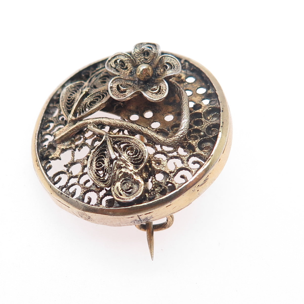 Gold Plated Antique Art Deco Rose Flower Filigree Pin Brooch