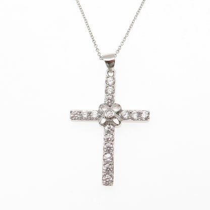 925 Sterling Silver Round-Cut C Z Floral Cross Cable Chain Necklace 18"