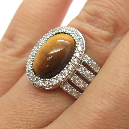 ESPO Joseph Esposito 925 Sterling Silver Real Tiger Eye & C Z Ring Size 6.25