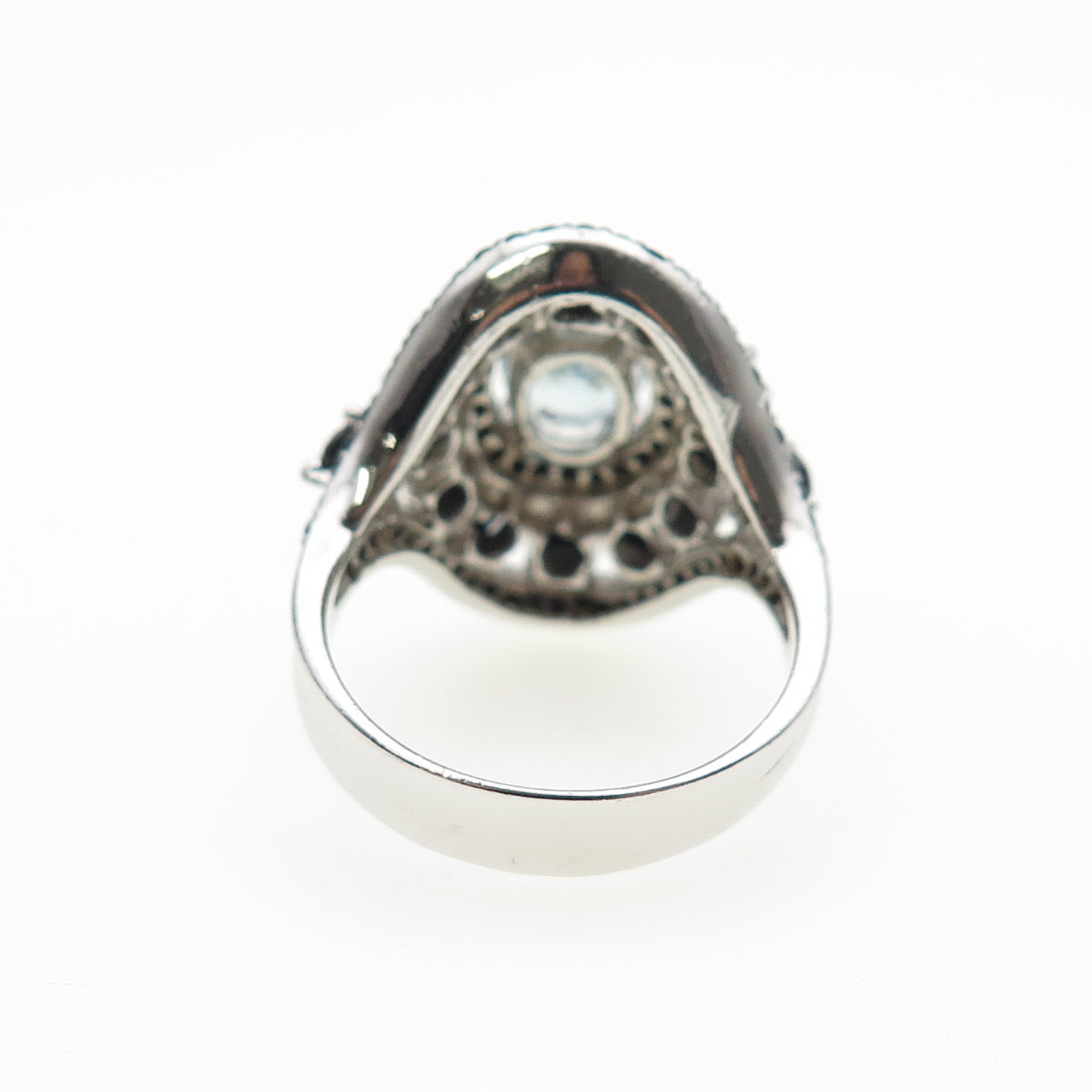 925 Sterling Silver Real Aquamarine & Black Spinel Ring Size 7.25