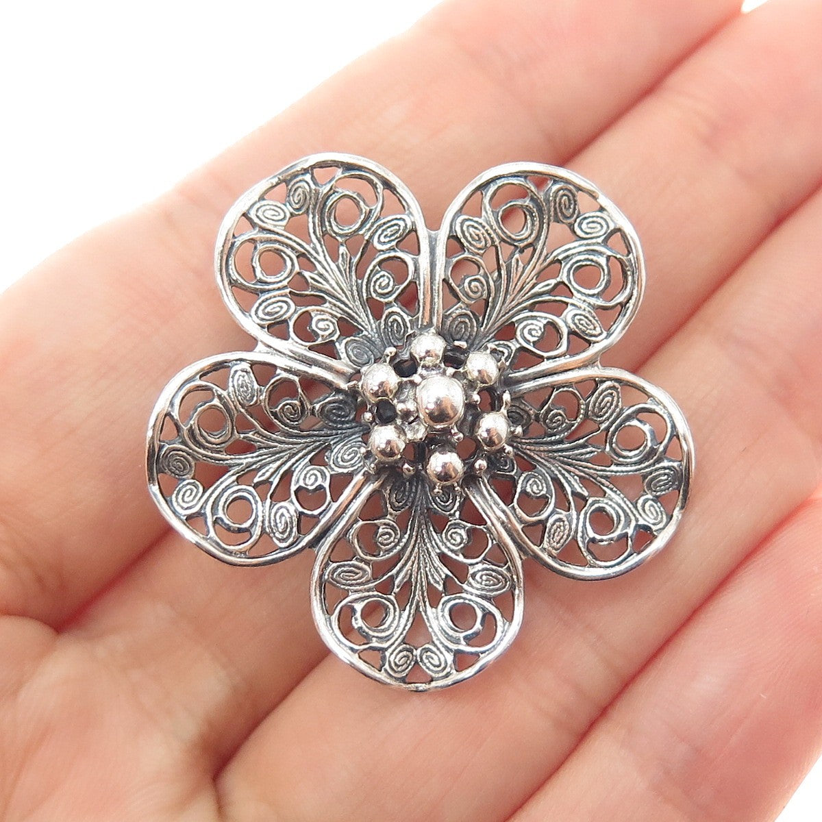 BEAU 925 Sterling Silver Antique Art Deco Flower Filigree Oxidized Pin Brooch