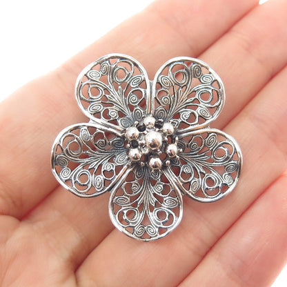 BEAU 925 Sterling Silver Antique Art Deco Flower Filigree Oxidized Pin Brooch