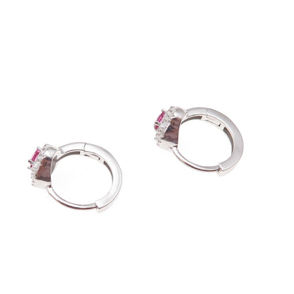 925 Sterling Silver Pink & White C Z Hoop Earrings