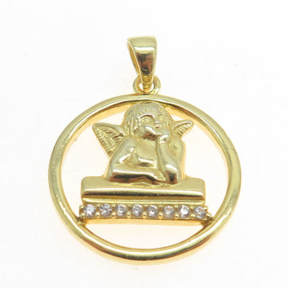 925 Sterling Silver Gold Plated Round-Cut C Z Cherub Pendant