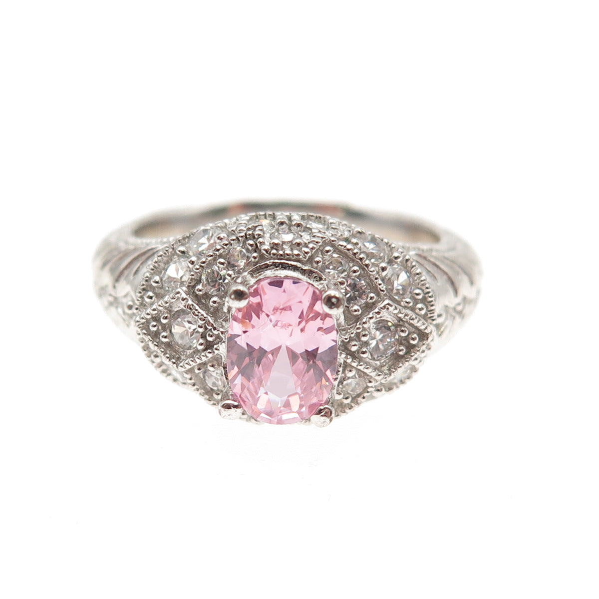 925 Sterling Silver Oval-Cut Pink & Round-Cut White C Z Ring Size 6.25