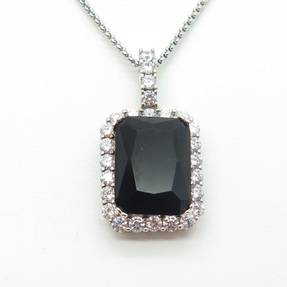 925 Sterling Silver Black Spinel & C Z Round Box Chain Necklace 16"