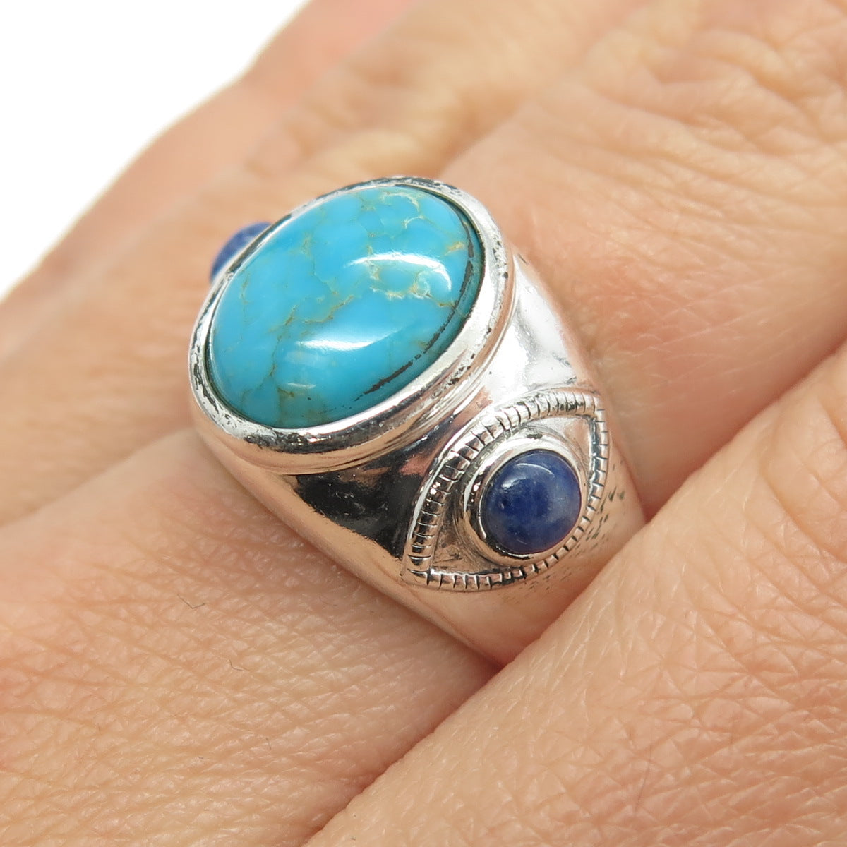 ROSS SIMONS 925 Sterling Silver Vintage Real Turquoise & Lapis Ring Size 7.25