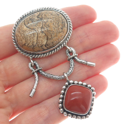 SUARTI BALI 925 Sterling Silver Vintage Real Jasper & Carnelian Oxidized Brooch