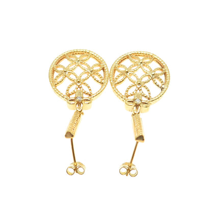 925 Sterling Silver Gold Plated Real Round-Cut Diamond Floral Drop Earrings