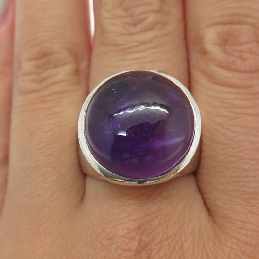 925 Sterling Silver Vintage Real Cabochon Round-Cut Amethyst Ring Size 9.75