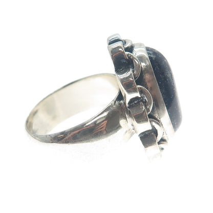 925 Sterling Silver Vintage Real Blue Sunstone Chain Link Oxidized Ring Size 8.5